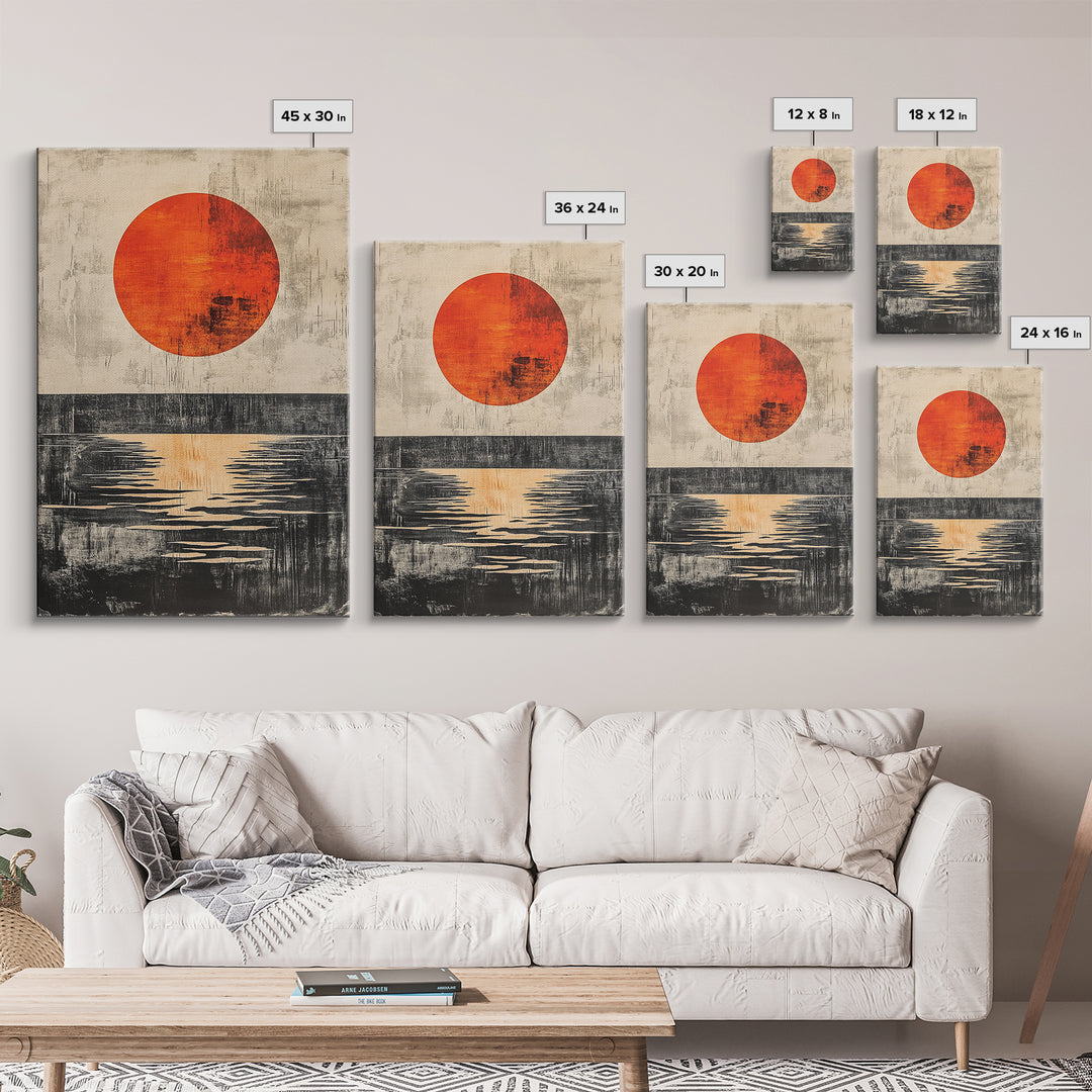 Minimal Red Sun Over Black Horizon Wall Art, Abstract Landscape Print, Japandi Wall Decor, Modern Canvas For Living Room