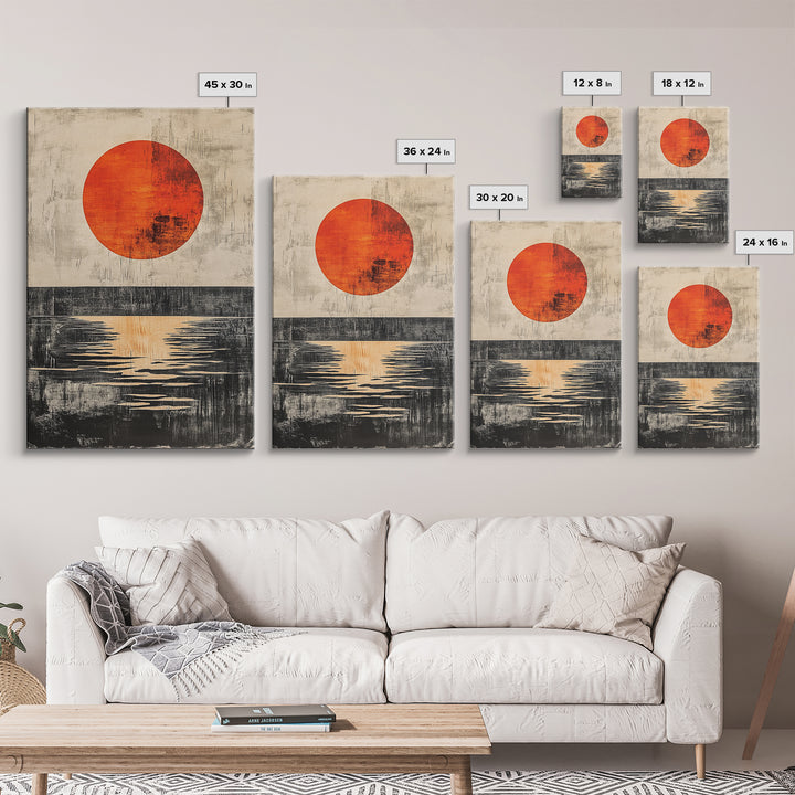 Minimal Red Sun Over Black Horizon Wall Art, Abstract Landscape Print, Japandi Wall Decor, Modern Canvas For Living Room