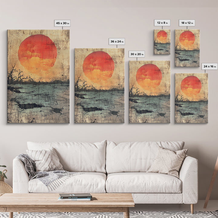 Large Orange Sun Over Barren Wetland Wall Art, Abstract Landscape, Moody Nature Print, Rustic Canvas For Living Room Decor