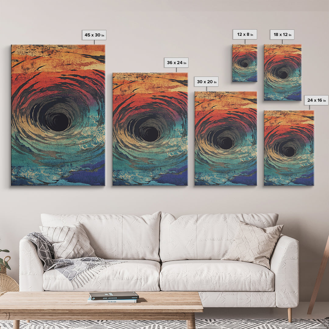 Abstract Ocean Vortex Wall Art, Teal Orange Whirlpool Print, Surreal Coastal Decor, Modern Statement Framed Canvas Print