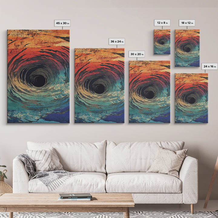 Abstract Ocean Vortex Wall Art, Teal Orange Whirlpool Print, Surreal Coastal Decor, Modern Statement Framed Canvas Print