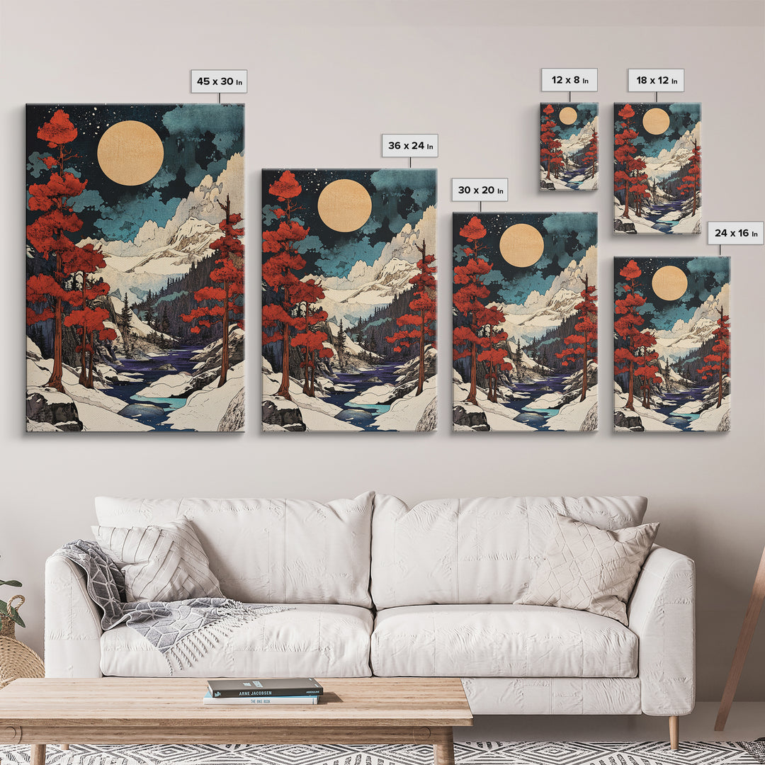 Full Moon Snowy Mountain Wall Art, Red Pine Japanese Landscape Canvas Print, Winter Forest Decor For Cabin Living Room Gift