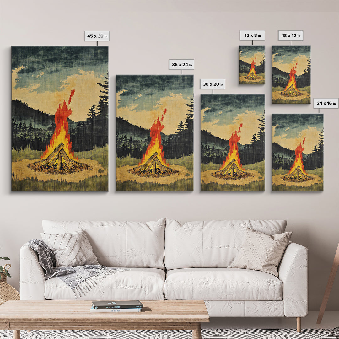 Forest Campfire At Dusk Wall Art, Rustic Cabin Landscape Canvas Print, Cozy Nature Decor For Man Cave Living Room Home Decor