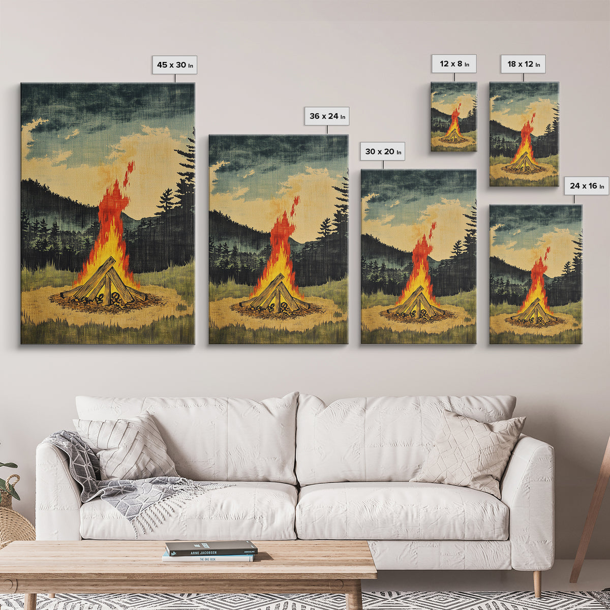 Forest Campfire At Dusk Wall Art, Rustic Cabin Landscape Canvas Print, Cozy Nature Decor For Man Cave Living Room Home Decor
