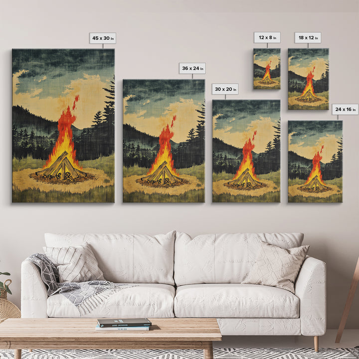 Forest Campfire At Dusk Wall Art, Rustic Cabin Landscape Canvas Print, Cozy Nature Decor For Man Cave Living Room Home Decor