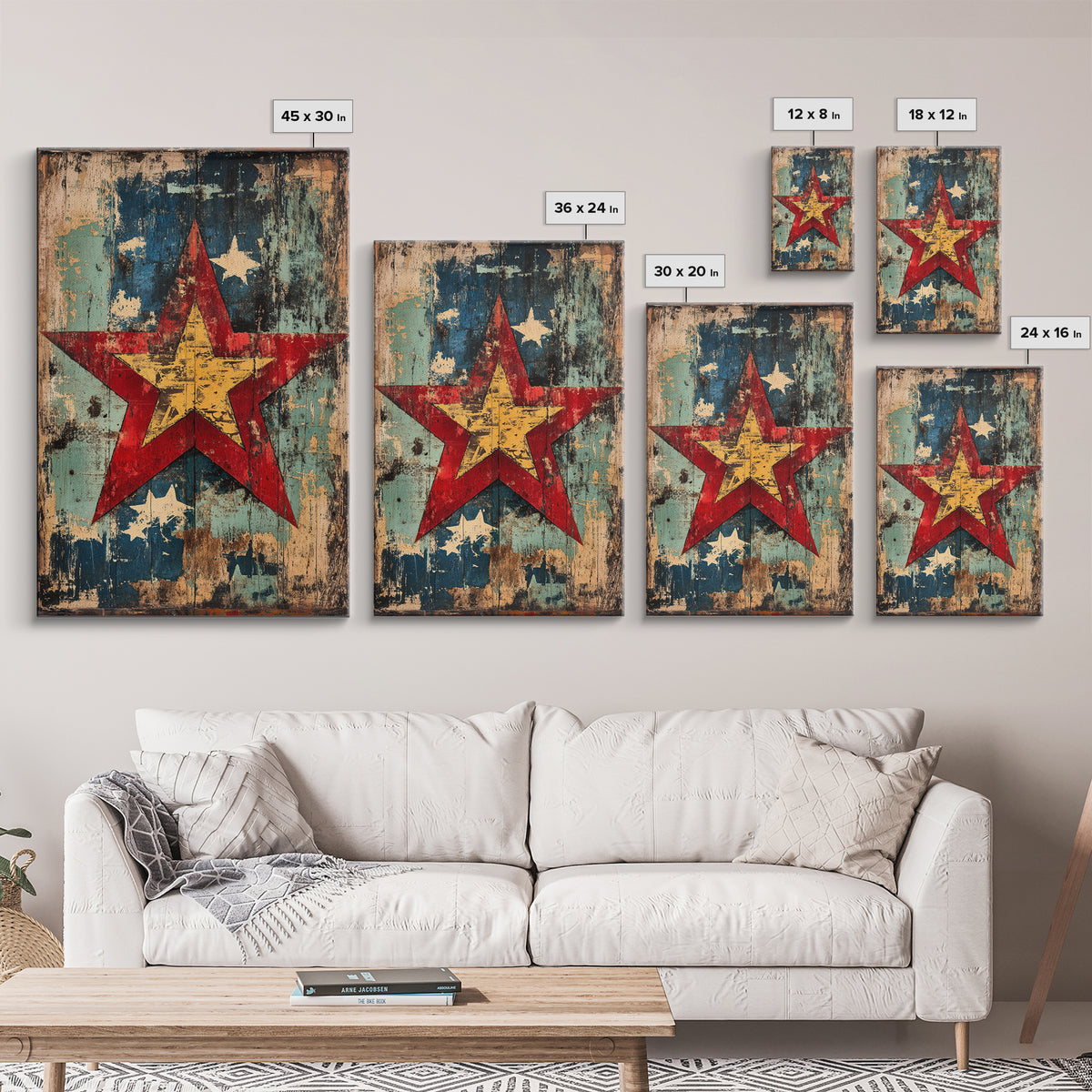 Weathered Red Star Wall Art, Rustic Americana Wood Panel Canvas Print, Patriotic Farmhouse Decor For Living Room Home Decor