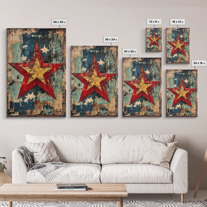 Weathered Red Star Wall Art, Rustic Americana Wood Panel Canvas Print, Patriotic Farmhouse Decor For Living Room Home Decor