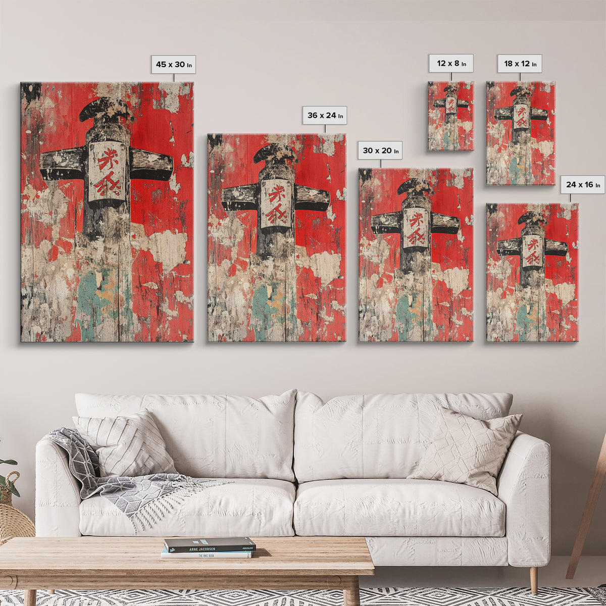 Weathered Japanese Signpost On Red Plaster Wall Art, Rustic Asian Print, Wabi Sabi Decor, Bold Entryway Canvas, Home Decor