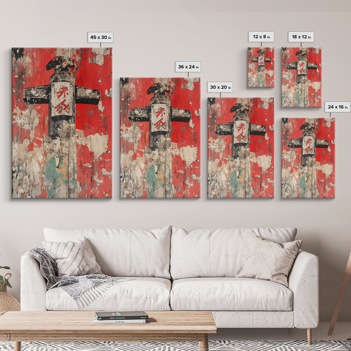 Weathered Japanese Signpost On Red Plaster Wall Art, Rustic Asian Print, Wabi Sabi Decor, Bold Entryway Canvas, Home Decor