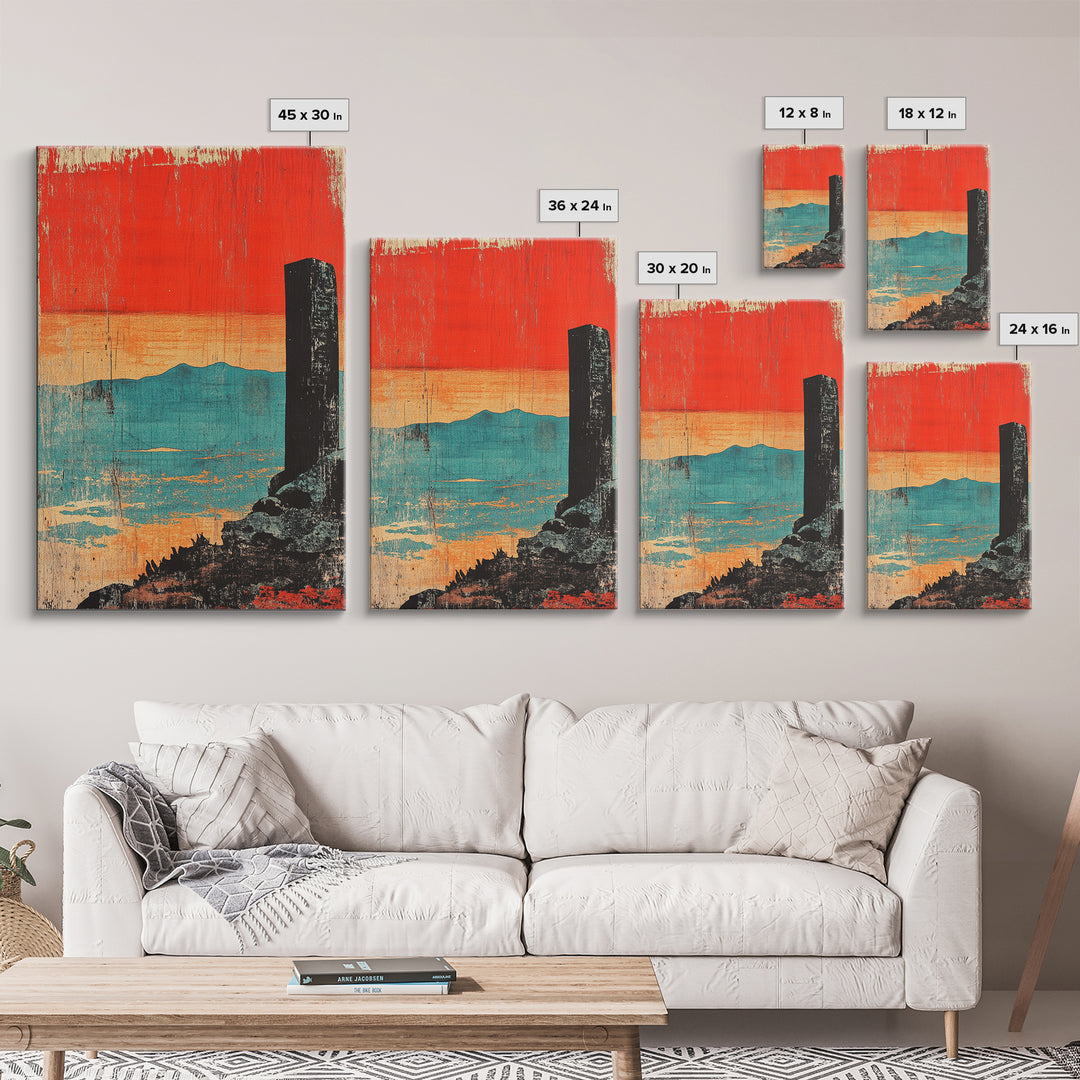 Orange Sunset Over Turquoise Sea Wall Art, Minimal Japanese Landscape Print, Coastal Zen Decor, Modern Living Room Art, Gift