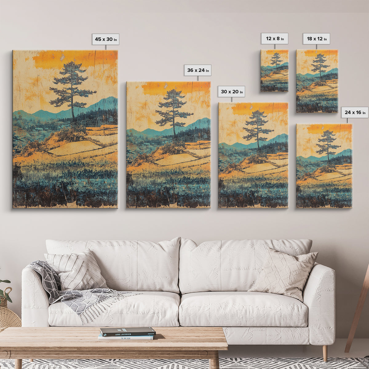 Lone Pine Above Terraced Fields Wall Art, Japanese Mountain Landscape Print, Rustic Nature Decor, Serene Farmhouse Art, Gift