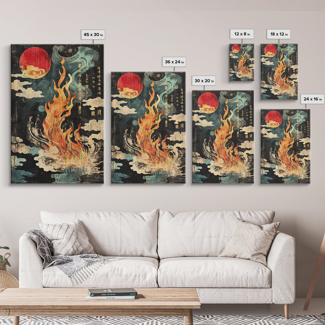 Mystic Fire Under Red Moon Canvas Print, Japanese Folklore Wall Art, Celestial Fantasy Decor, Dark Zen Statement Print, Gift