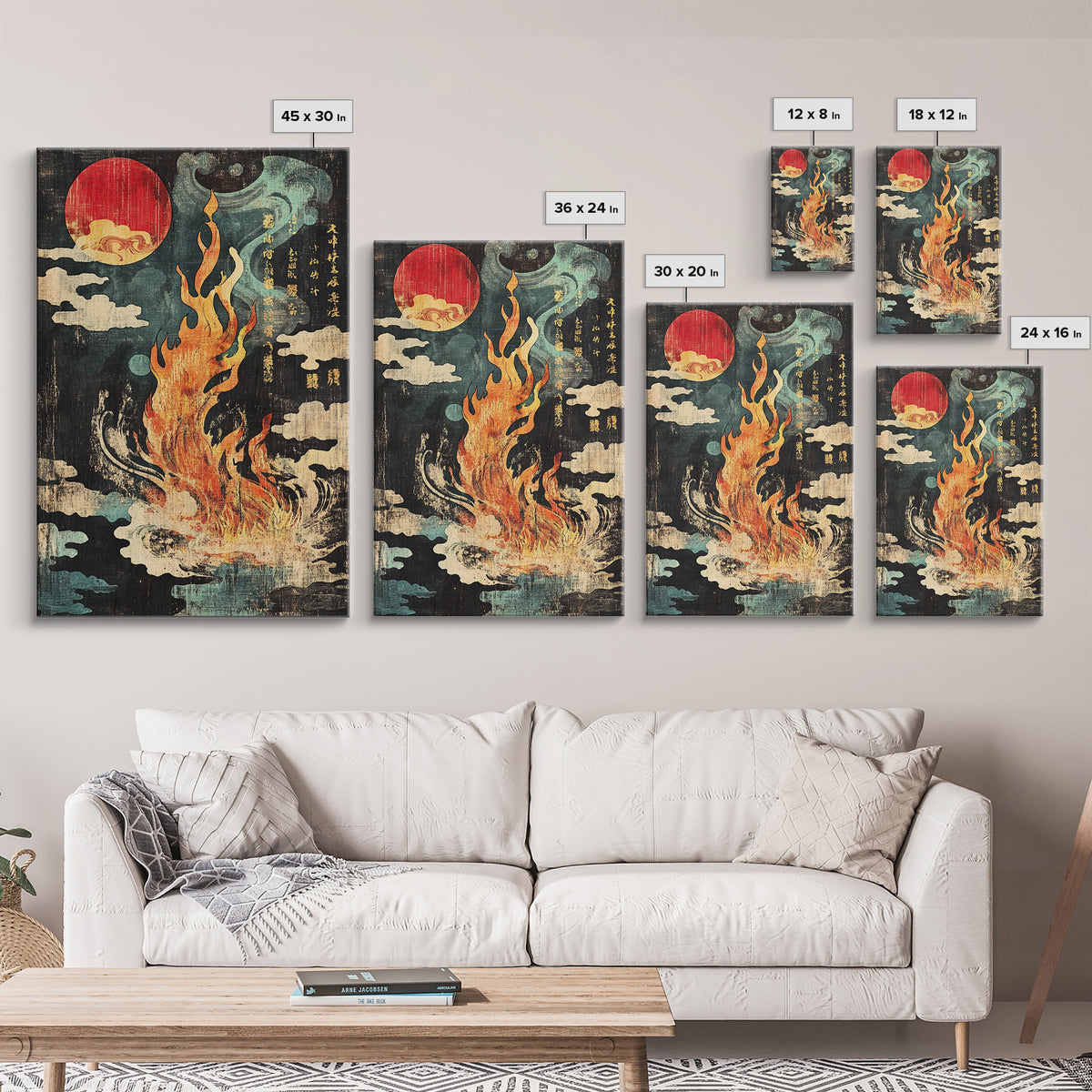Mystic Fire Under Red Moon Canvas Print, Japanese Folklore Wall Art, Celestial Fantasy Decor, Dark Zen Statement Print, Gift