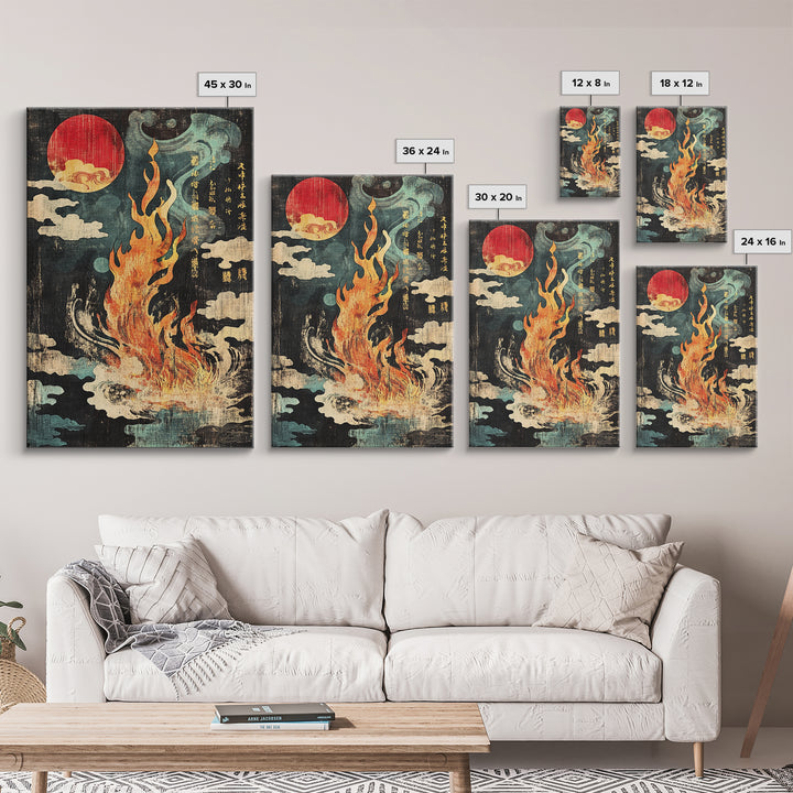 Mystic Fire Under Red Moon Canvas Print, Japanese Folklore Wall Art, Celestial Fantasy Decor, Dark Zen Statement Print, Gift