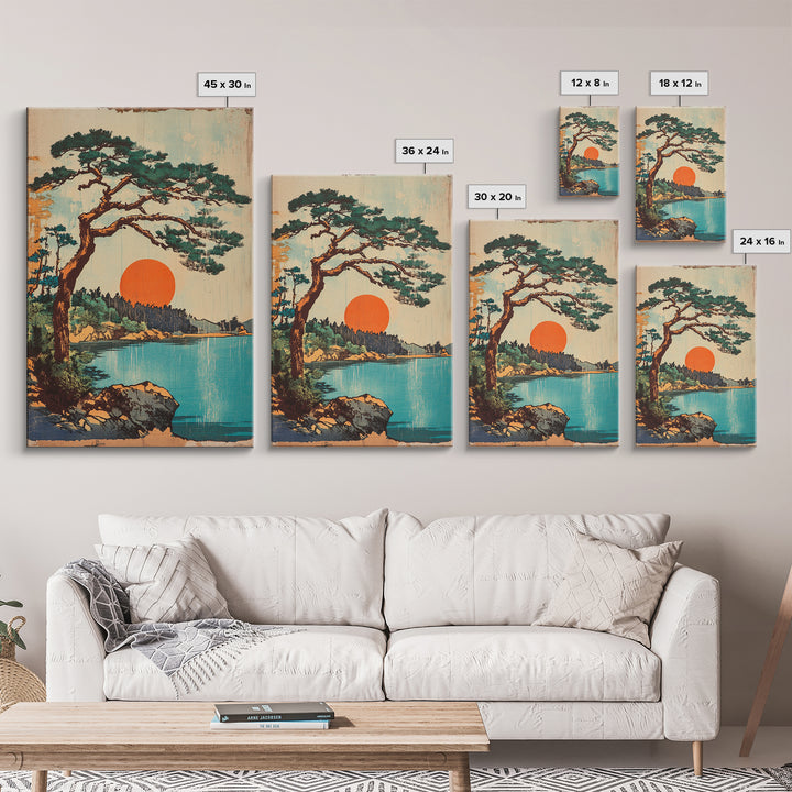 Lakeside Pine At Orange Sun Framed Canvas Print, Japanese Landscape Wall Art, Coastal Cabin Decor, Serene Nature Home Decor