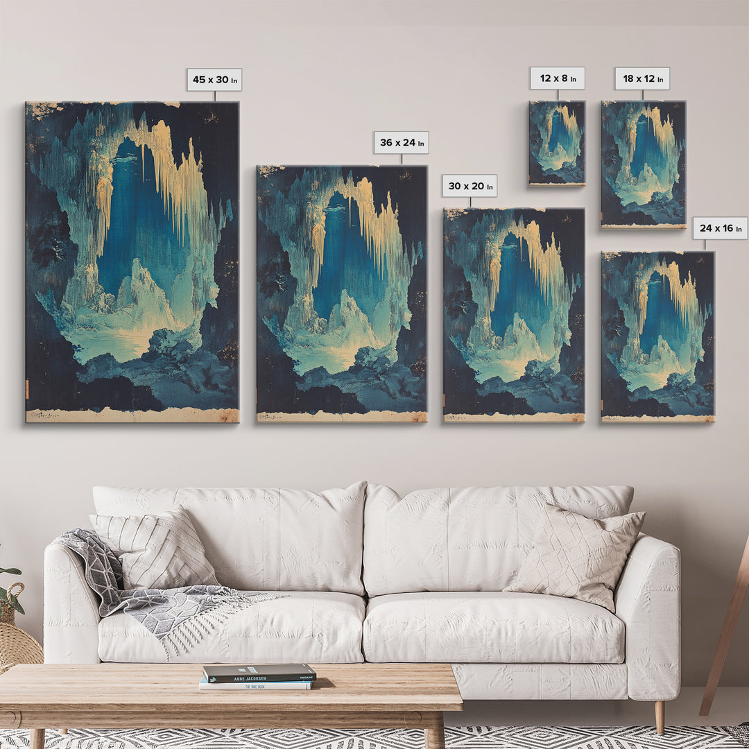 Blue Ice Cave With Glowing Cavern Lake Framed Canvas Print, Fantasy Landscape Wall Art, Moody Nature Decor, Unique Office Art
