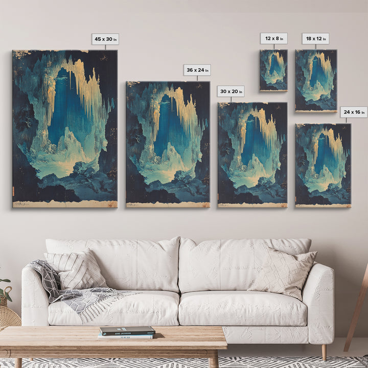 Blue Ice Cave With Glowing Cavern Lake Framed Canvas Print, Fantasy Landscape Wall Art, Moody Nature Decor, Unique Office Art