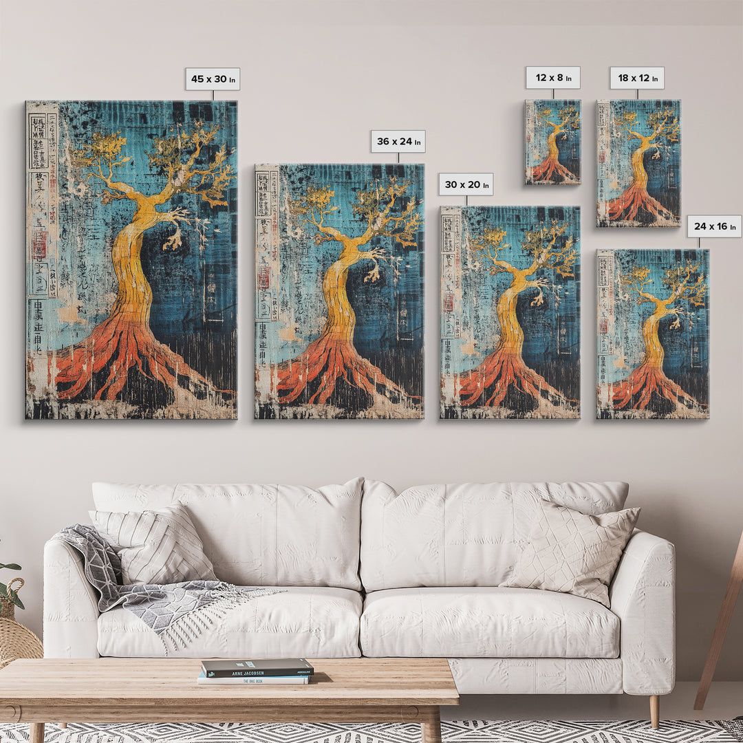 Golden Tree With Red Roots On Blue Canvas Print, Japanese Botanical Wall Art, Abstract Nature Decor, Organic Modern Home Decor