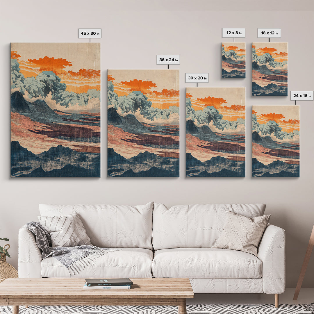 Orange Clouds Over Abstract Sea And Hills Wall Art, Japanese Landscape Print, Mid Century Modern Decor, Boho Living Room Art