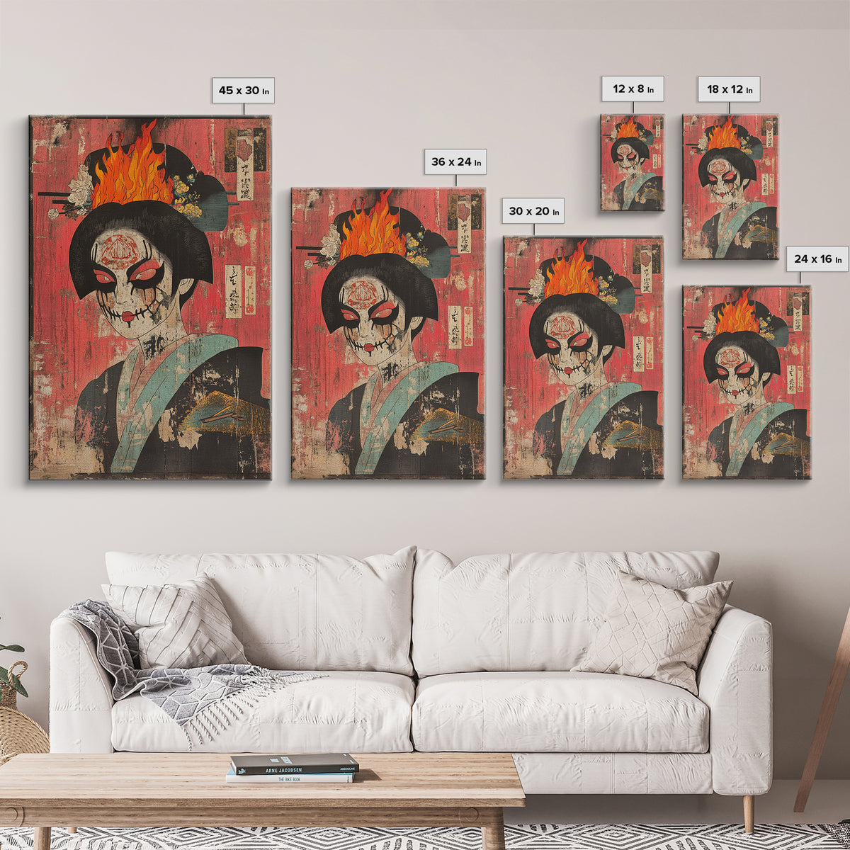 Gothic Geisha Skull With Flaming Headdress Canvas Print, Japanese Dark Wall Art, Surreal Portrait Decor, Moody Maximalist Art