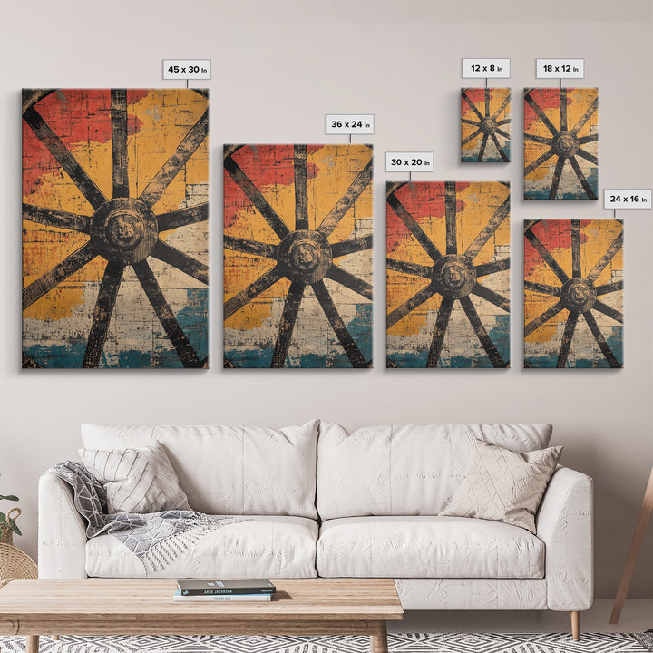 Rustic Wagon Wheel Abstract Canvas Print, Southwestern Wall Art, Western Home Decor, Bold Geometric Farmhouse Wall Decor