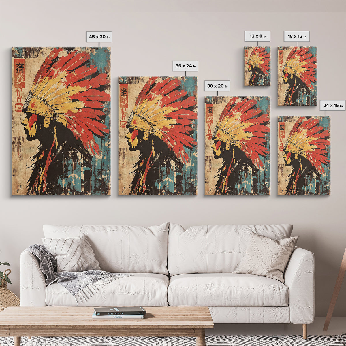 Indigenous Warrior Headdress Canvas Print, Tribal Wall Art, Southwestern Decor, Cultural Art Print, Bold Western Home Decor