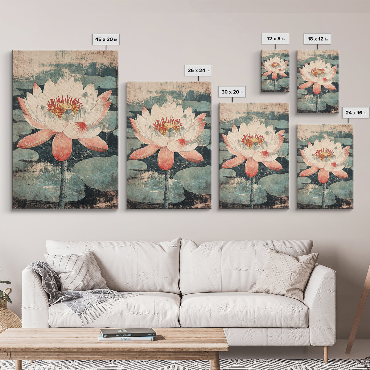 Pink Lotus Flower Botanical Wall Art, Japanese Canvas Print, Water Lily Pond Decor, Japandi Nature Art For Bedroom Decor