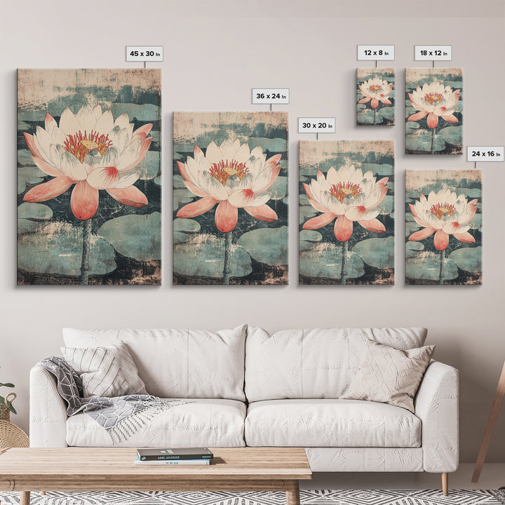 Pink Lotus Flower Botanical Wall Art, Japanese Canvas Print, Water Lily Pond Decor, Japandi Nature Art For Bedroom Decor