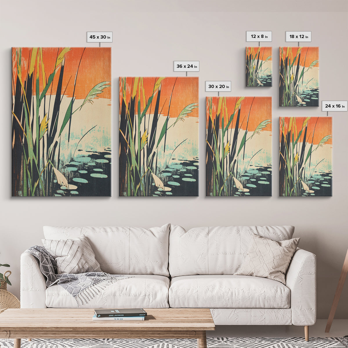 Tall Reeds Orange Sunset Canvas Print, Botanical Wall Art, Japanese Pond Landscape, Nature Decor, Serene Japandi Art Print