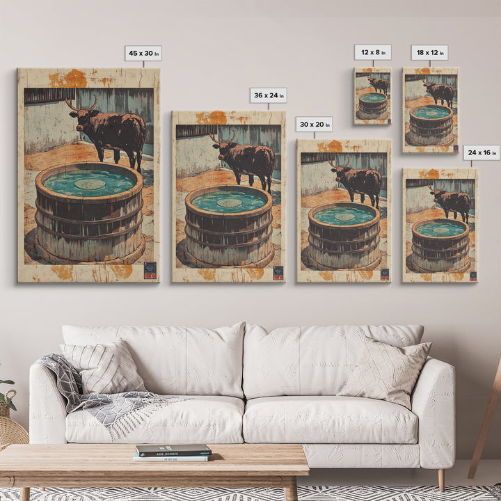 Longhorn Bull Water Trough Canvas Print, Western Wall Art, Rustic Farmhouse Decor, Ranch Animal Art, Country Wall Decor