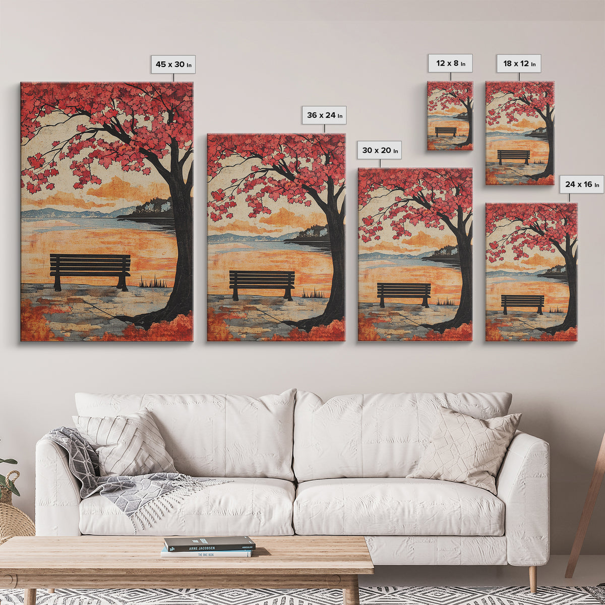 Red Maple Tree Bench By Quiet Lake Wall Art, Japanese Garden Print, Autumn Sunset Decor, Serene Living Room Wall Decor, Housewarming Gift