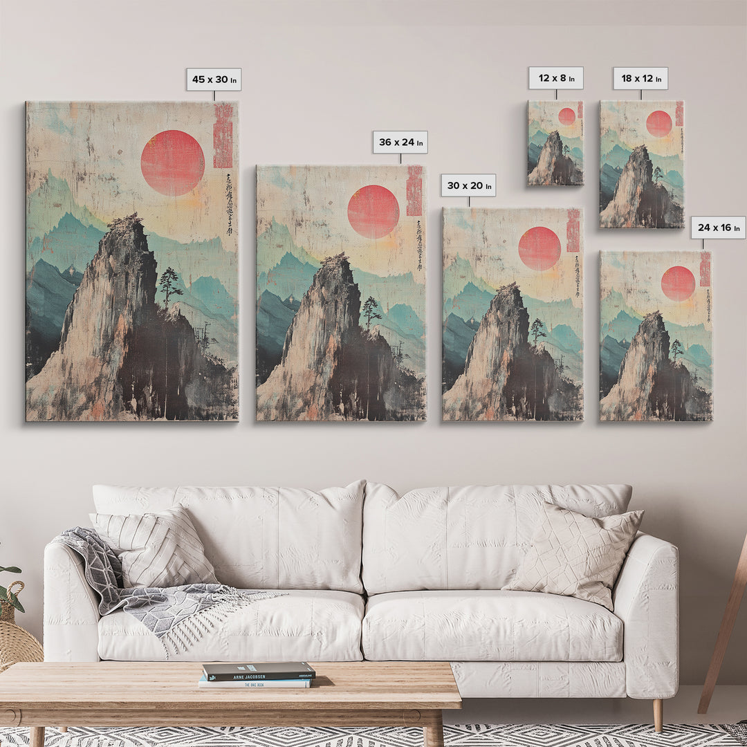 Misty Mountain Peak With Red Sun Wall Art, Japanese Landscape Print, Zen Home Decor, Calm Office Decor, Nature Wall Art Print