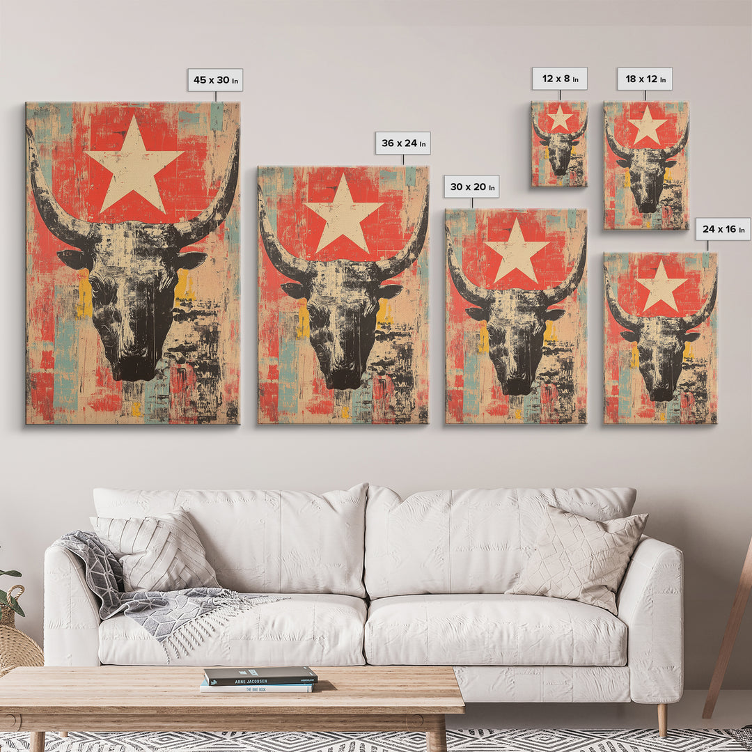Longhorn Skull With White Star Canvas Print, Western Wall Art, Southwestern Decor, Rustic Ranch Art, Bold Living Room Decor