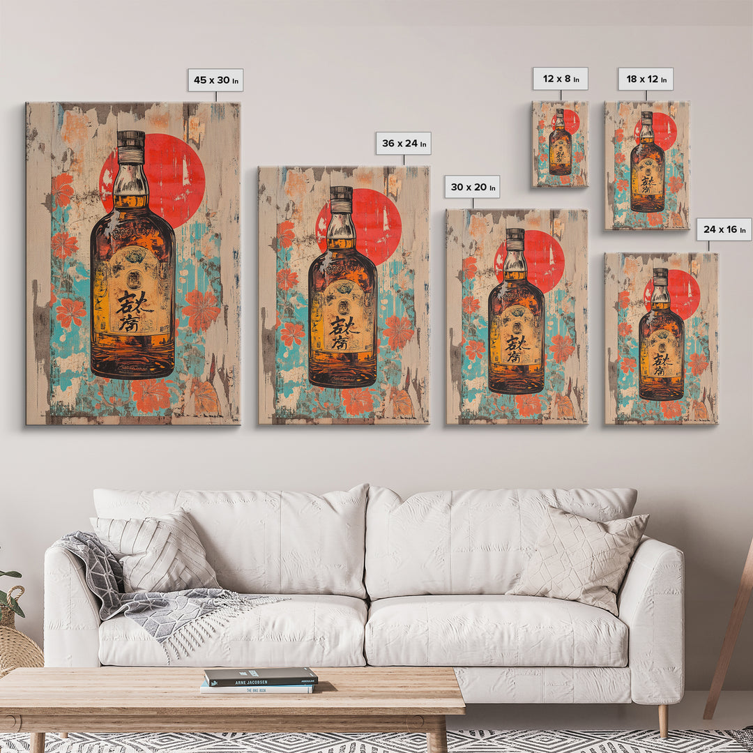 Japanese Whisky Bottle With Red Sun Canvas Print, Retro Bar Art, Floral Kitchen Decor, Home Bar Wall Decor, Gift For Him