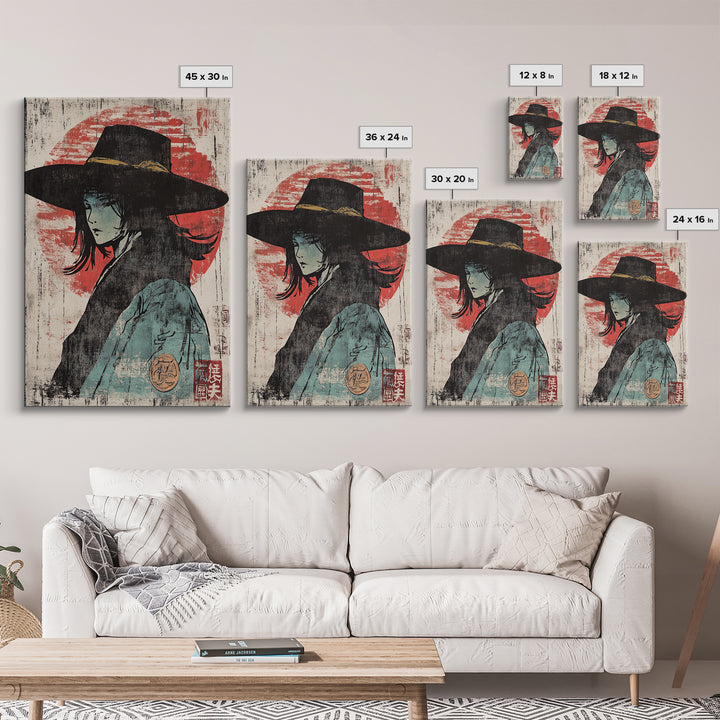 Mysterious Woman In Wide Black Hat Wall Art, Japanese Portrait Print, Anime Style Decor, Moody Wall Decor, Gift For Her, Home Decor