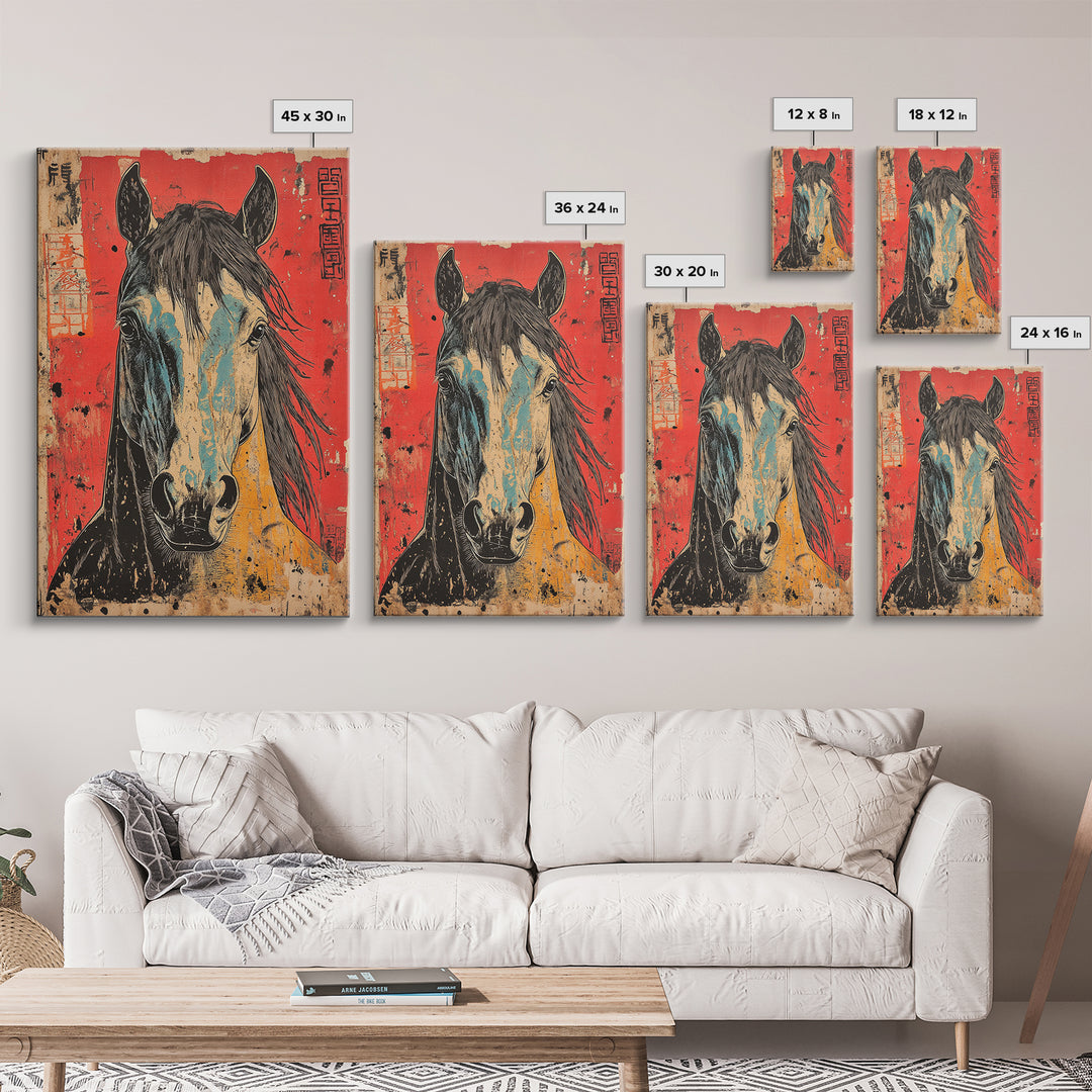 Expressive Horse Portrait On Red Canvas Print, Western Equestrian Wall Art, Rustic Ranch Decor, Horse Lover Gift, Living Room Decor