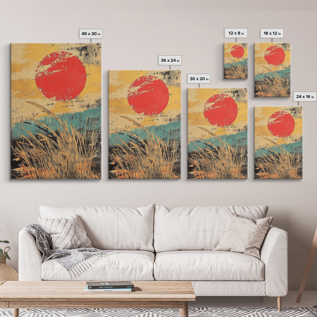 Red Sun Over Golden Reeds Canvas Print, Japanese Landscape Poster, Japandi Wall Decor, Boho Asian Inspired Home Decor, Art Print