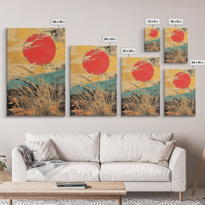 Red Sun Over Golden Reeds Canvas Print, Japanese Landscape Poster, Japandi Wall Decor, Boho Asian Inspired Home Decor, Art Print
