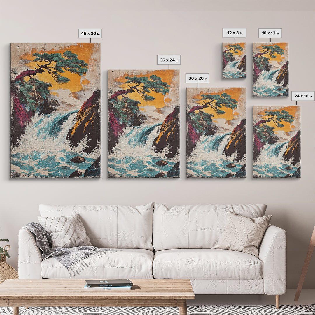 Pine Tree Waterfall Mountain Framed Canvas Print, Japanese Landscape Art, Nature Wall Decor, Serene Asian Home Decor, Living Room Art