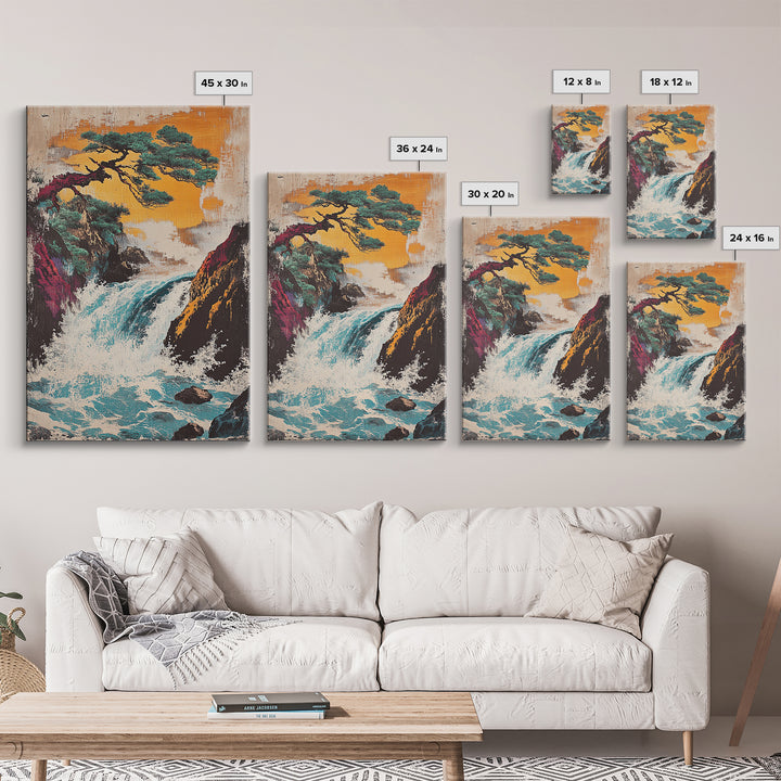 Pine Tree Waterfall Mountain Framed Canvas Print, Japanese Landscape Art, Nature Wall Decor, Serene Asian Home Decor, Living Room Art