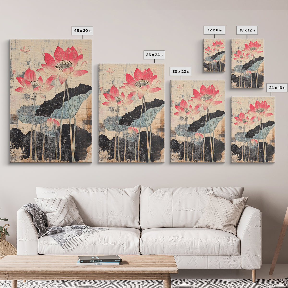 Pink Lotus Flowers With Ink Leaves Wall Art, Botanical Japanese Print, Asian Inspired Decor, Feminine Bedroom Wall Decor