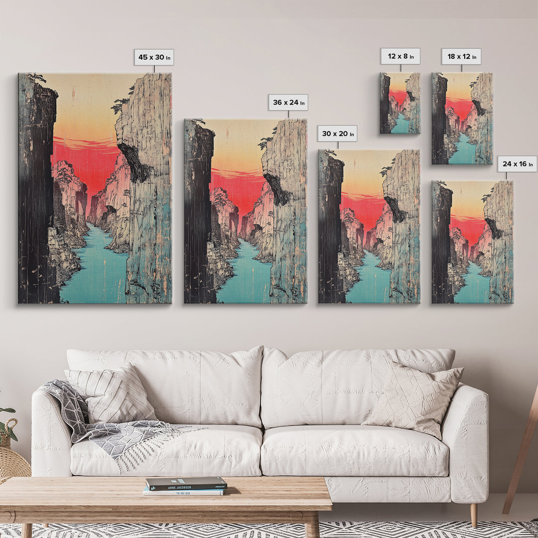 Red Sunset Canyon River Canvas Print, Japanese Gorge Landscape, Dramatic Nature Wall Decor, Asian Inspired Office Art, Home Decor
