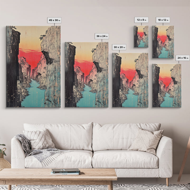 Red Sunset Canyon River Canvas Print, Japanese Gorge Landscape, Dramatic Nature Wall Decor, Asian Inspired Office Art, Home Decor