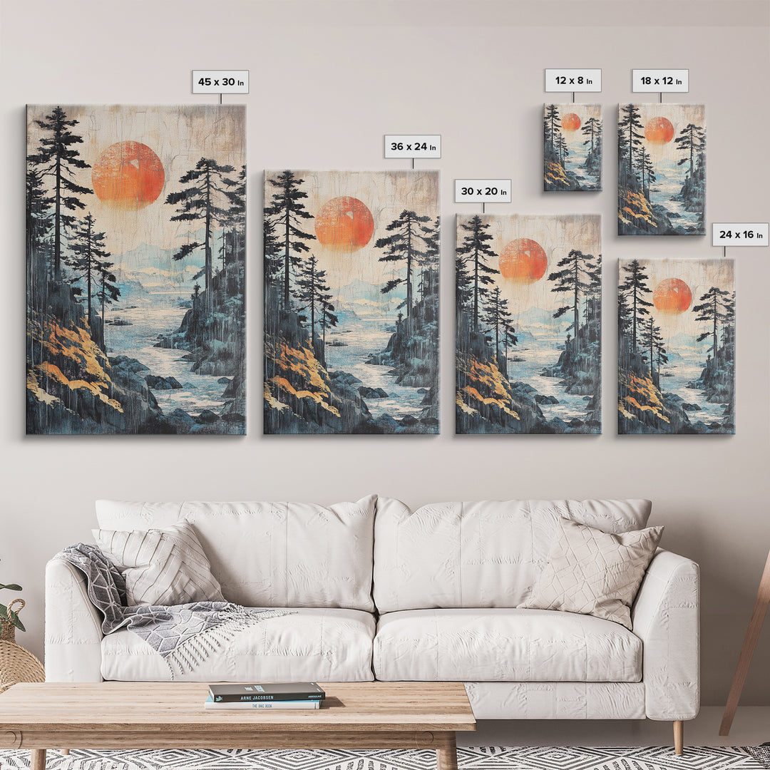 Red Sun Forest River Wall Art, Japanese Mountain Landscape Print, Nature Wall Decor, Large Framed Canvas Print For Living Room Decor