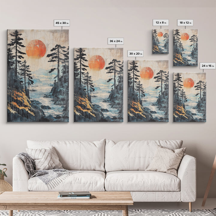 Red Sun Forest River Wall Art, Japanese Mountain Landscape Print, Nature Wall Decor, Large Framed Canvas Print For Living Room Decor
