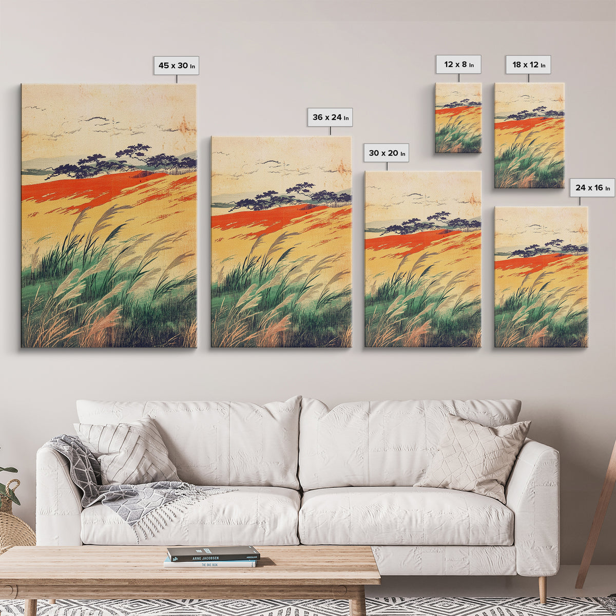 Golden Meadow Grasses And Coastal Hills Wall Art, Rustic Country Landscape Print, Farmhouse Decor, Warm Nature Canvas Print