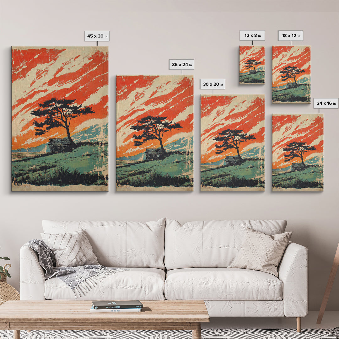 Lone Tree Cabin And Orange Mountain Sky Wall Art, Rustic Landscape Print, Western Home Decor, Statement Framed Canvas Print