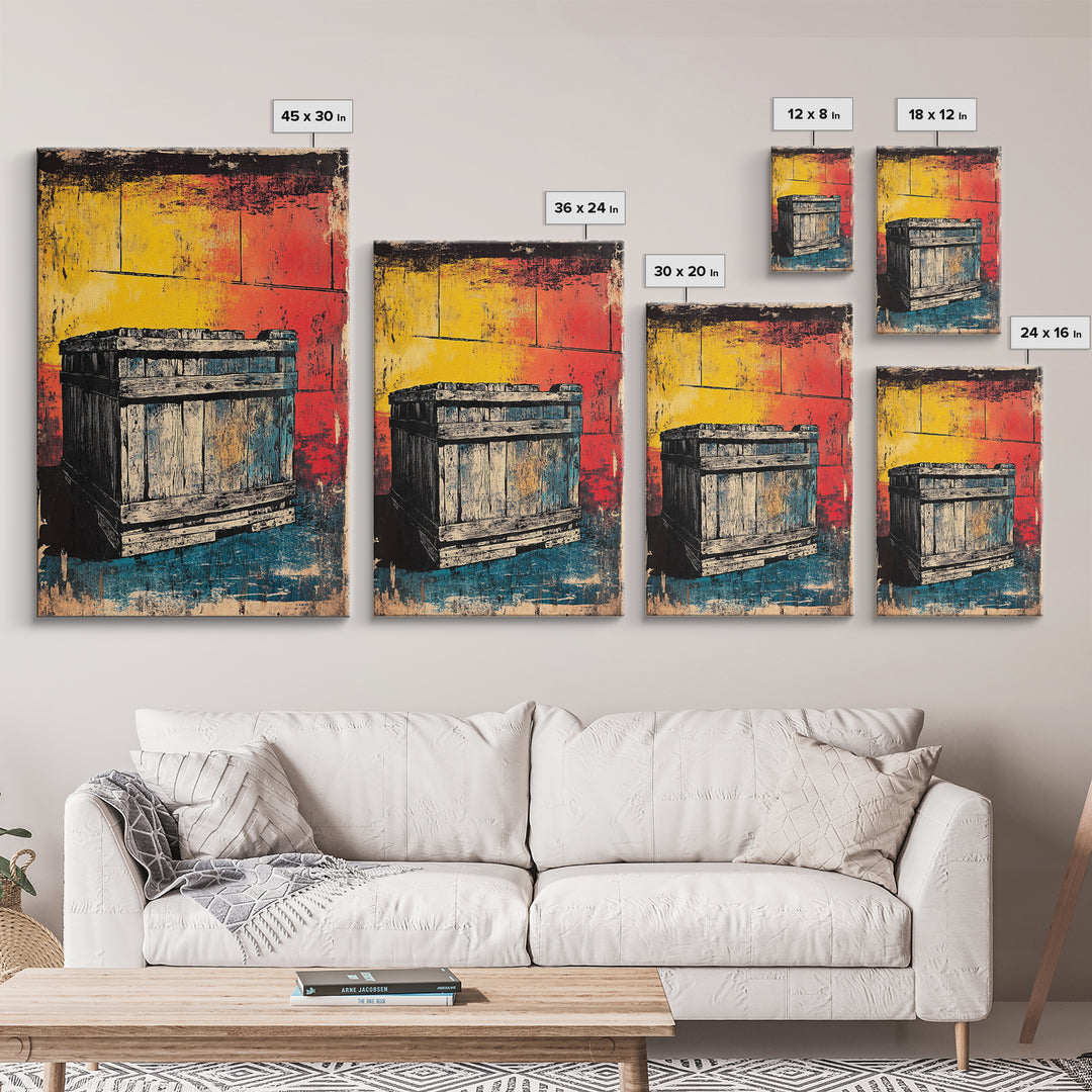 Weathered Wooden Crate Still Life Wall Art, Rustic Industrial Decor, Farmhouse Kitchen Print, Bold Color Canvas Print, Housewarming Gift