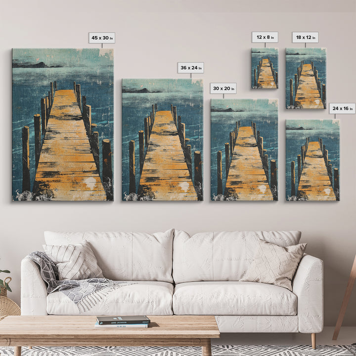 Wooden Dock Over Blue Lake Wall Art, Coastal Pier Landscape Print, Lake House Decor, Nautical Framed Canvas Print, Living Room Decor