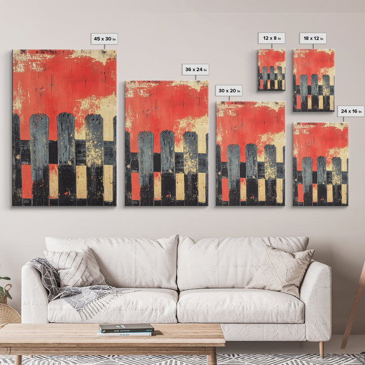 Black Picket Fence On Red Background Wall Art, Rustic Abstract Print, Farmhouse Wall Decor, Modern Canvas Print, Bold Home Decor